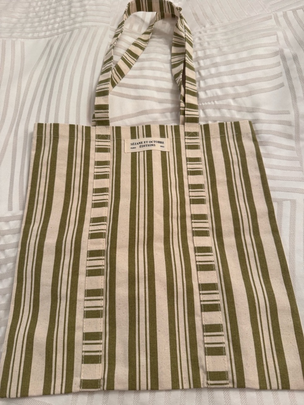 Sezane Olive & Cream Striped Canvas Tote